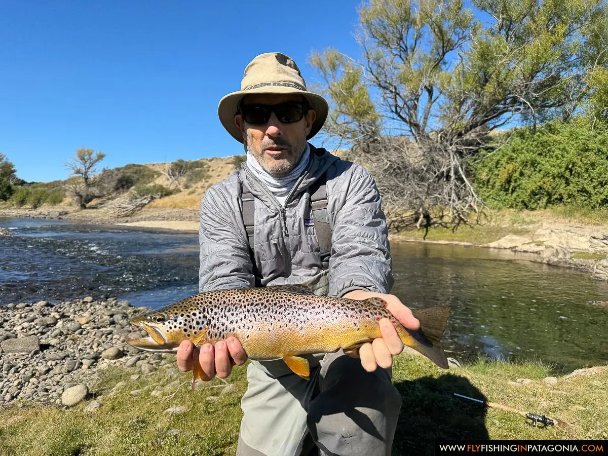 Angler holding a brown trout beside a Collon Cura River side channel