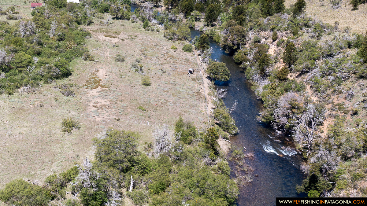 Aerial view of a clear forest-lined section of the Huaca Mamuil River