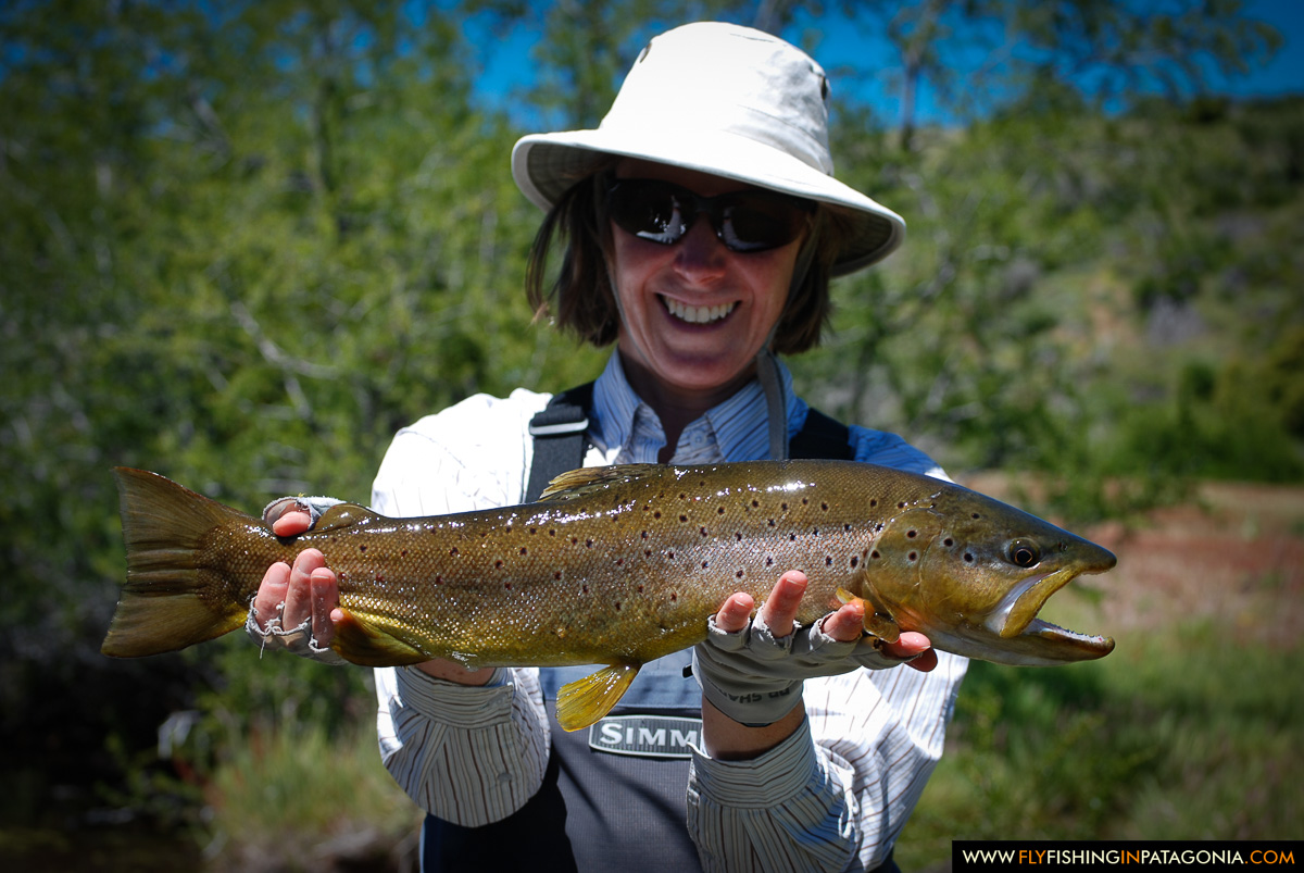 Fly angler holding a trophy brown trout from the Huaca Mamuil River