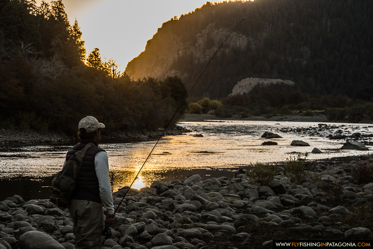 Backlit fly angler at sunset on the Traful River