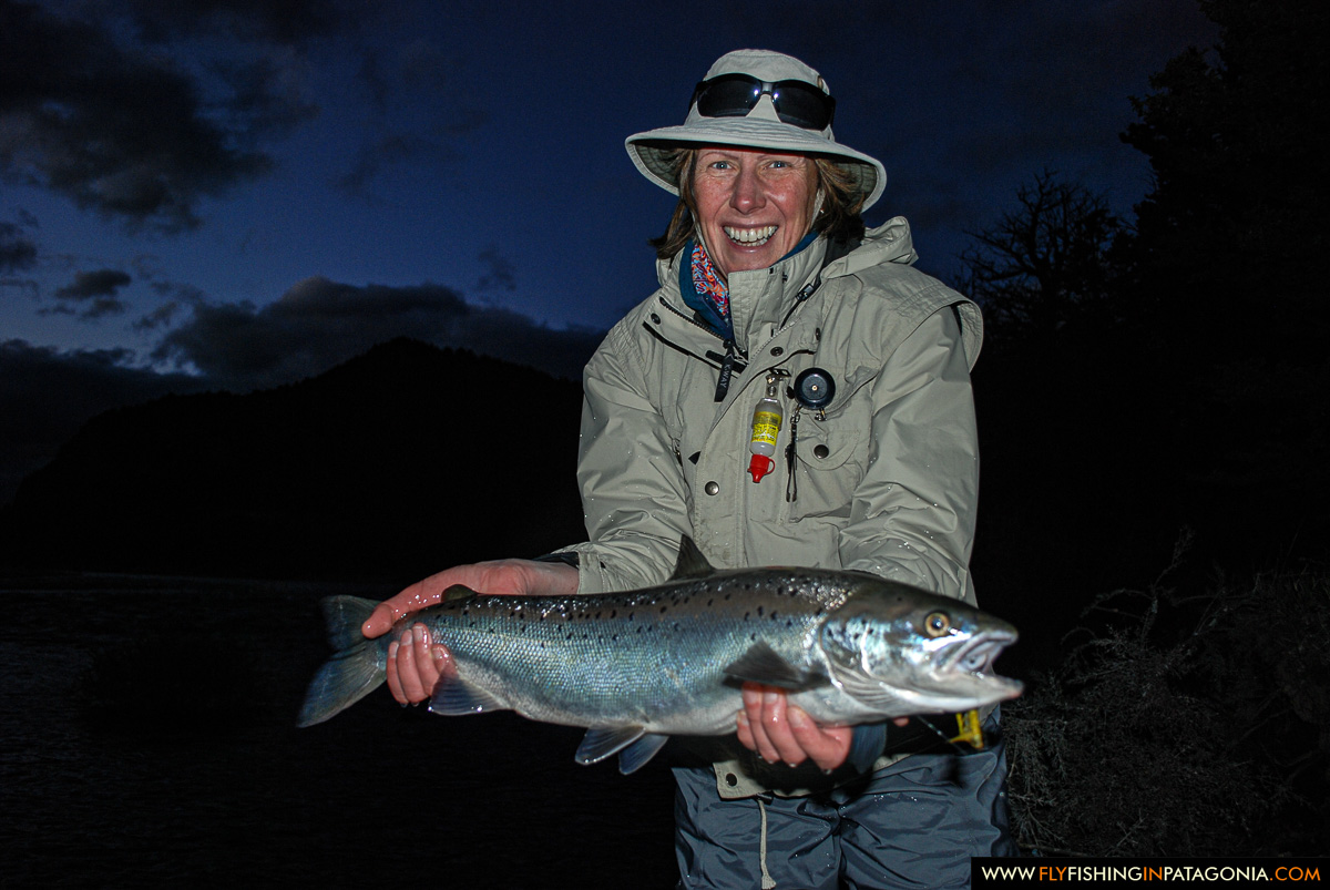 Angler with a Traful River trout after dark